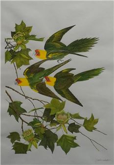 A detailed painting of three green birds with yellow chests perched on a leafy branch.