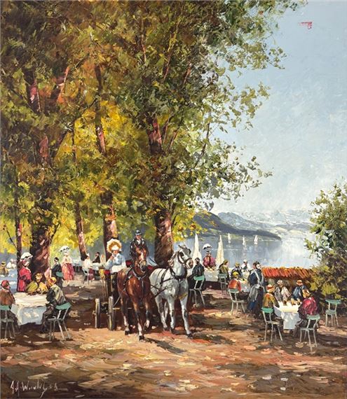 A vibrant outdoor café scene with horse-drawn carriage and guests by a lake.