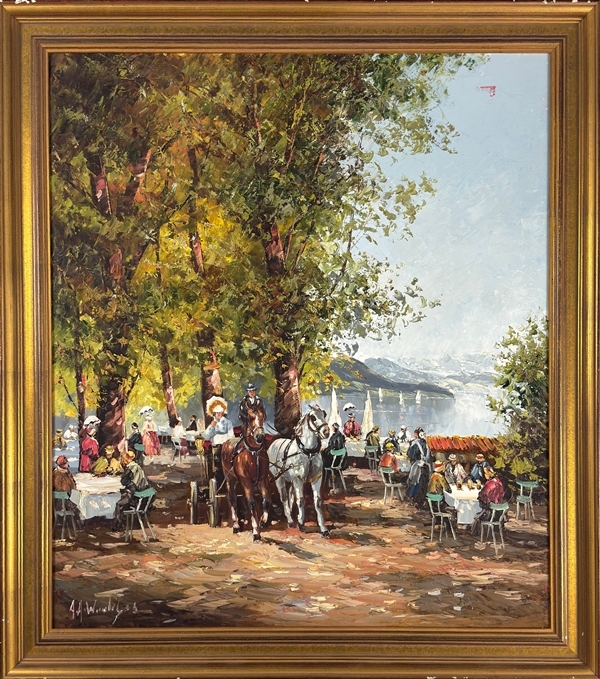A vibrant outdoor café scene with horse-drawn carriage and guests by a lake.