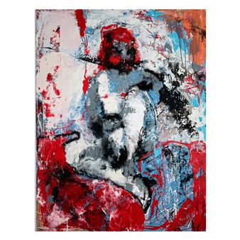 An abstract portrait featuring a figure in red and grey tones against a dynamic, splattered background.