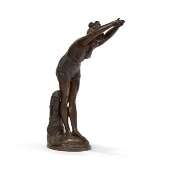 A bronze sculpture of a figure stretching with arms raised above the head.