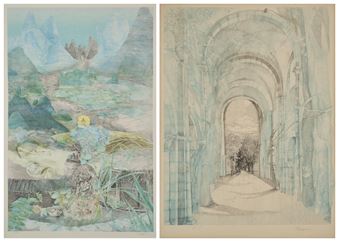 A diptych of watercolor landscapes featuring a mystical mountain scene and an arched architectural corridor.