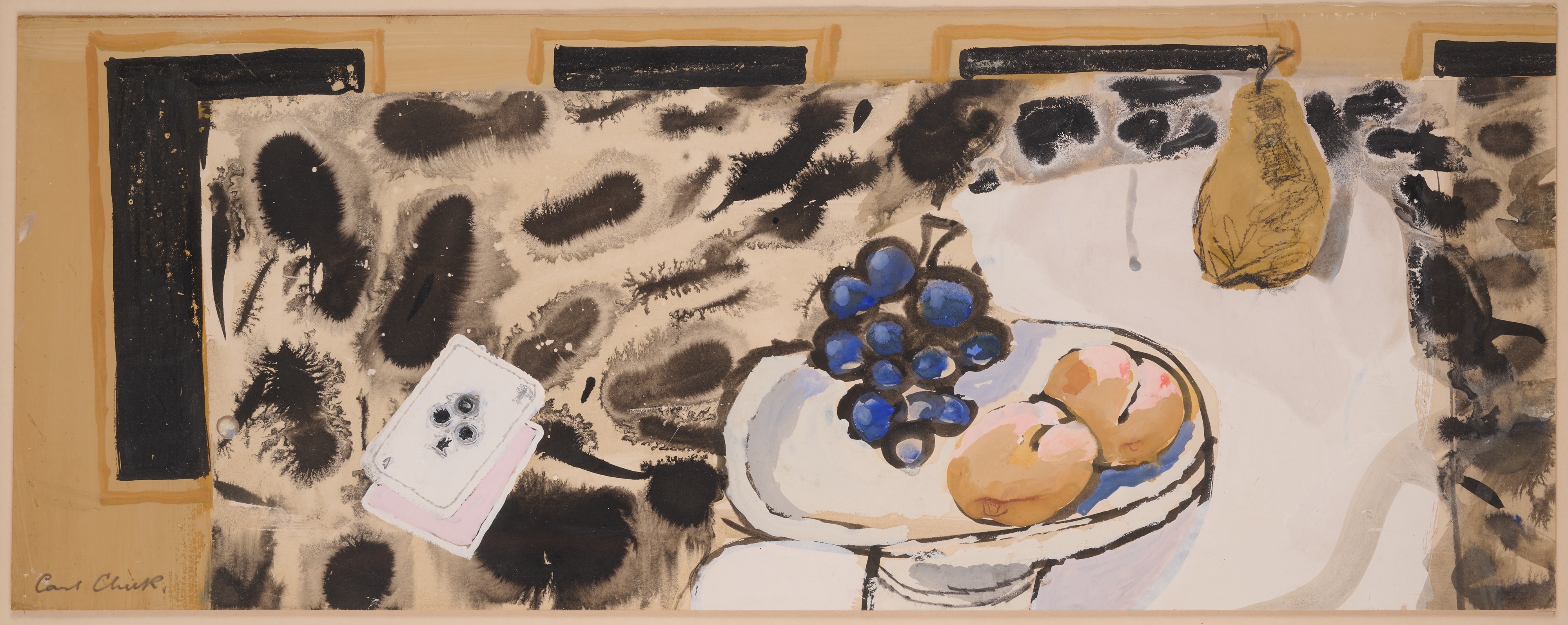 Artwork by Carl Cheek, STILL LIFE WITH CARDS AND FRUIT, Made of Gouache And Watercolour Over Traces Of Pencil On Paper