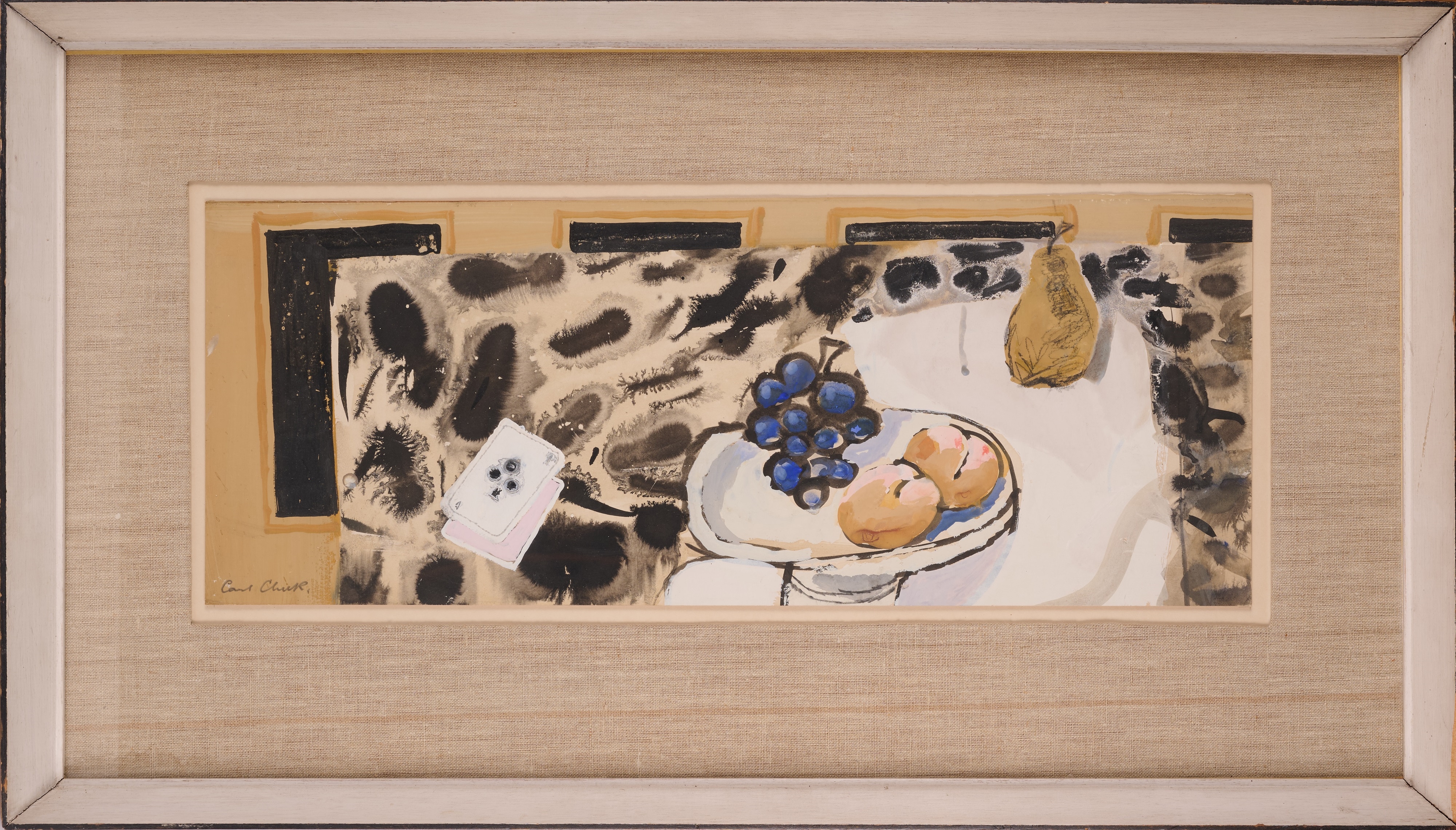 Artwork by Carl Cheek, STILL LIFE WITH CARDS AND FRUIT, Made of Gouache And Watercolour Over Traces Of Pencil On Paper