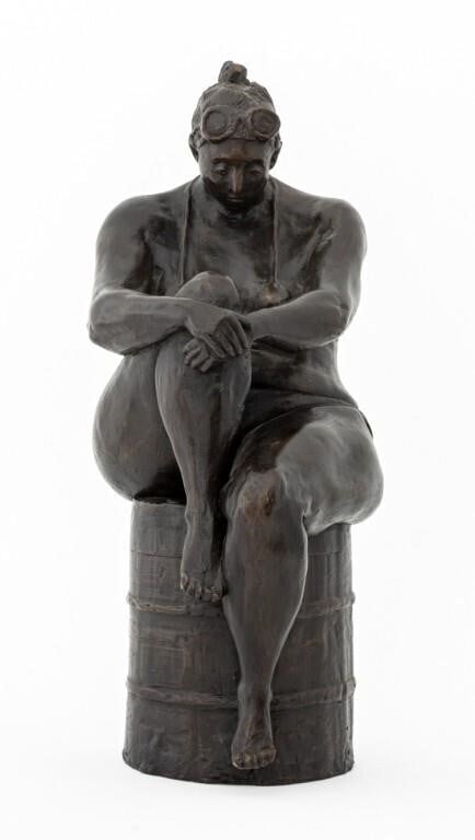 Artwork by Immi C. Storrs, Seated Swimmer Bronzed Resin Sculpture, Made of Bronzed Resin