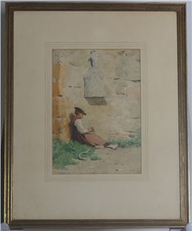 Swiss girl with prayer Rosary by wayside shrine - Edouard John Ravel