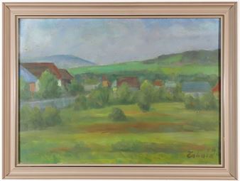 A pastoral landscape painting featuring a village nestled among rolling green hills under a cloudy sky.