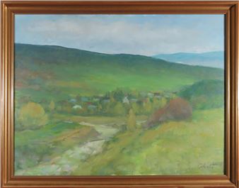 A landscape painting of a green valley with distant hills and a small village nestled among trees.