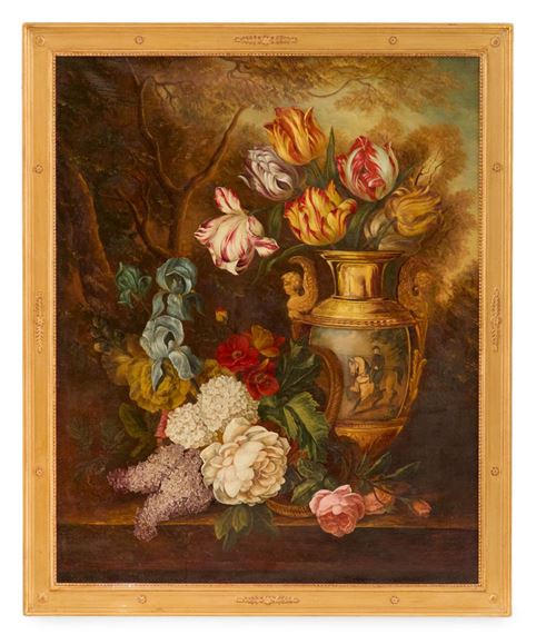 Still Life with Lilacs, Tulips and Roses in a Porcelain Vase by Continental School, 20th Century, ca. 1900