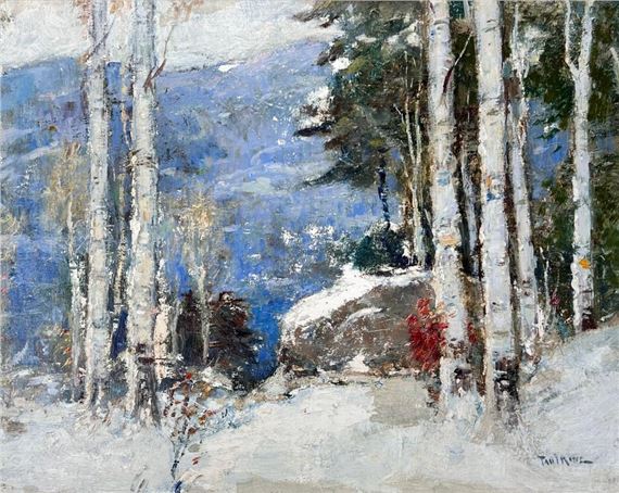 A snowy forest scene with birch trees and distant mountains.