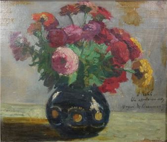 Bouquet de fleurs, au dos un portrait au chapeau - Hugues de Beaumont
