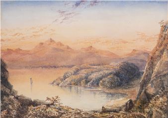 Indian landscape at sunset, with lake and mountains in the distance, presumably Northern India - George Francis White