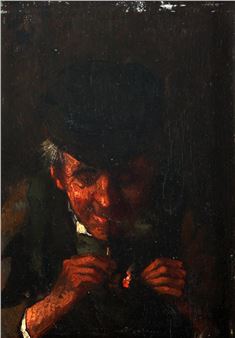Portret van een man met zwarte pet en pijp - Jozef Gindra