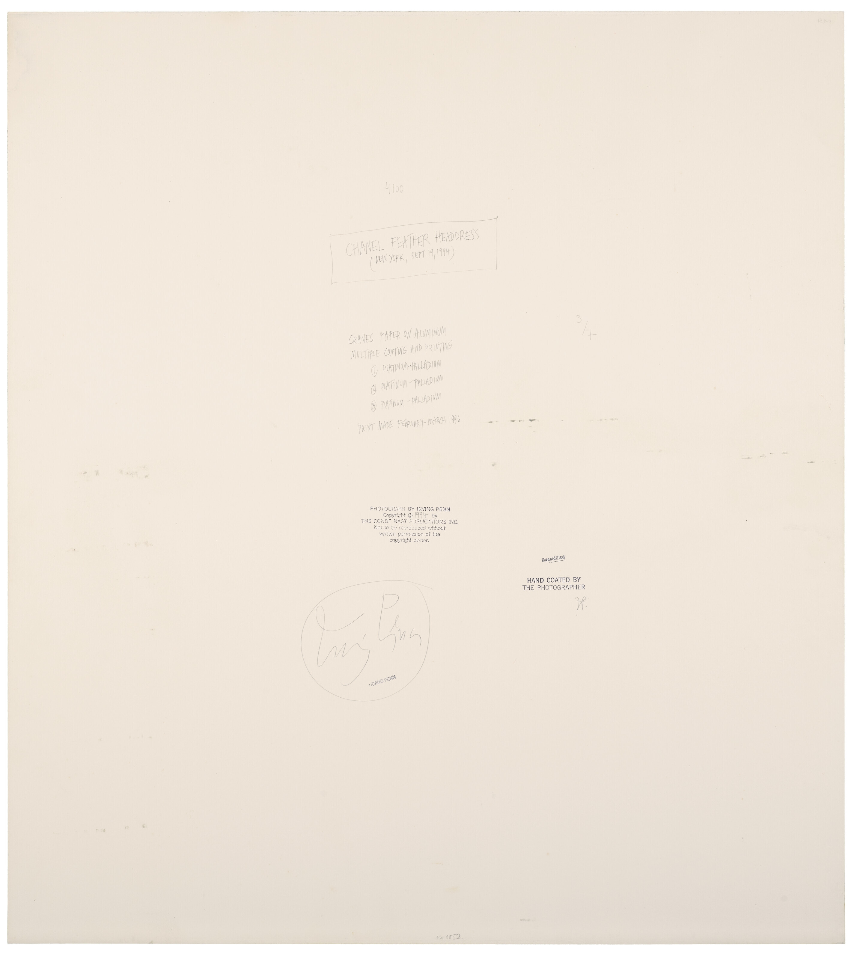 Artwork by Irving Penn, Chanel Feather Headdress [by Karl Lagerfeld for Chanel Haute Couture], New York, Made of Platinum-palladium print