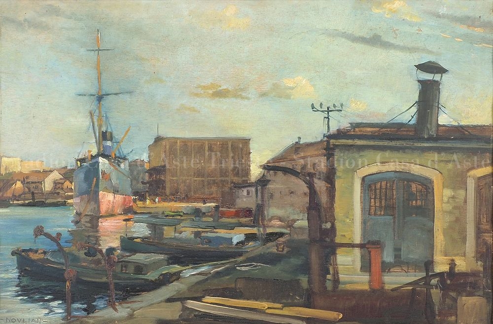 Artwork by Fernando Noulian, Trieste, barche attraccate, Made of oil on plywood