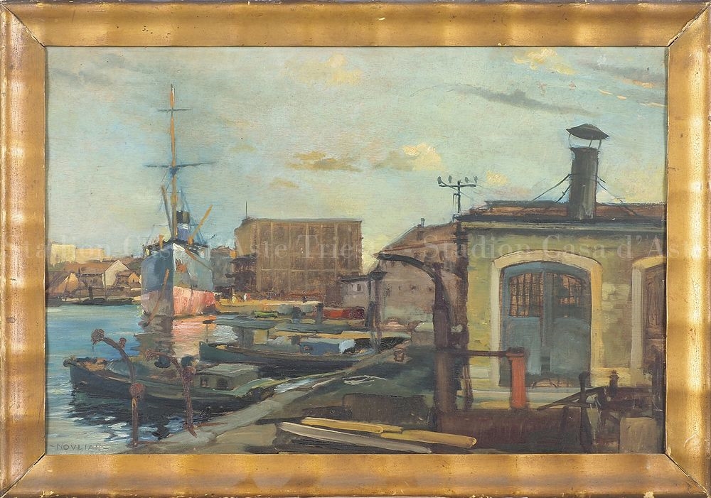 Artwork by Fernando Noulian, Trieste, barche attraccate, Made of oil on plywood