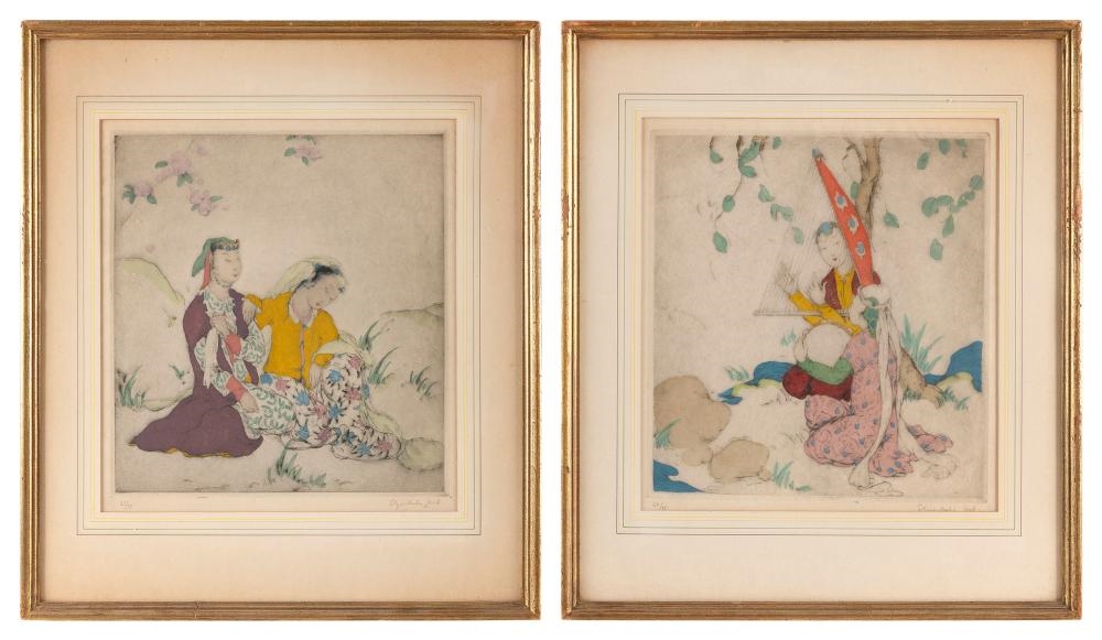 Artwork by Elise Ashe Lord, Pair of figural scenes, Made of Colored Drypoint Etchings