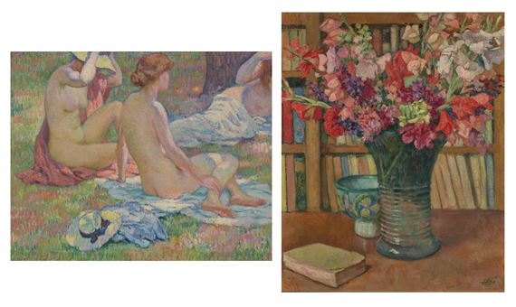 Baigneuses ou A l'ombre des pins (recto); Mélange de fleurs devant une bibliothèque ou Grand bouquet (verso) - Théo van Rysselberghe