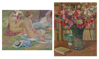 Baigneuses ou A l'ombre des pins (recto); Mélange de fleurs devant une bibliothèque ou Grand bouquet (verso) - Théo van Rysselberghe