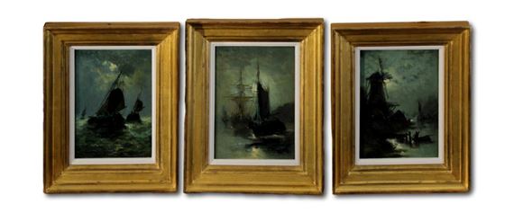 Three oil paintings of moonlit scenes, fishing boat at sea, fishing boat in harbour and windmill by Edward Moerenhout