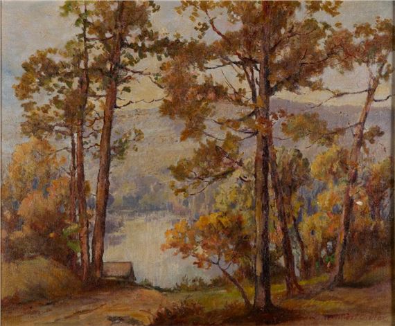 A view through trees to a river with a small cabin near - Olive Ruth H. Chaffee
