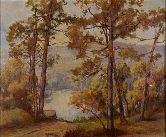 A serene landscape painting of a river valley framed by tall trees in autumn colors.