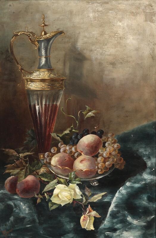 Artwork by Clara Dressel, Still life with a carafe, yellow roses and a dish of fruit, Made of Oil On Canvas