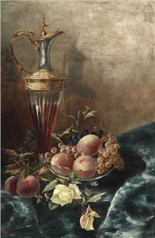 Still life with a carafe, yellow roses and a dish of fruit - Clara Dressel