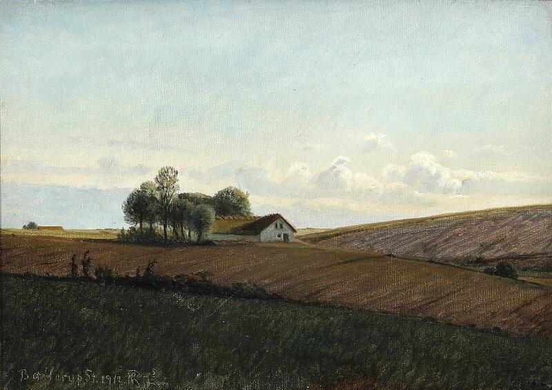 Artwork by Niels Peter Rasmussen, Field landscape with a white farm, Made of Oil On Canvas