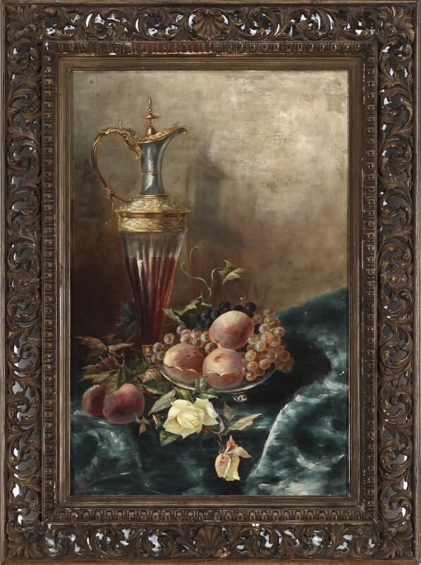 Artwork by Clara Dressel, Still life with a carafe, yellow roses and a dish of fruit, Made of Oil On Canvas