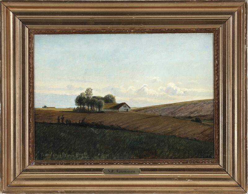 Artwork by Niels Peter Rasmussen, Field landscape with a white farm, Made of Oil On Canvas