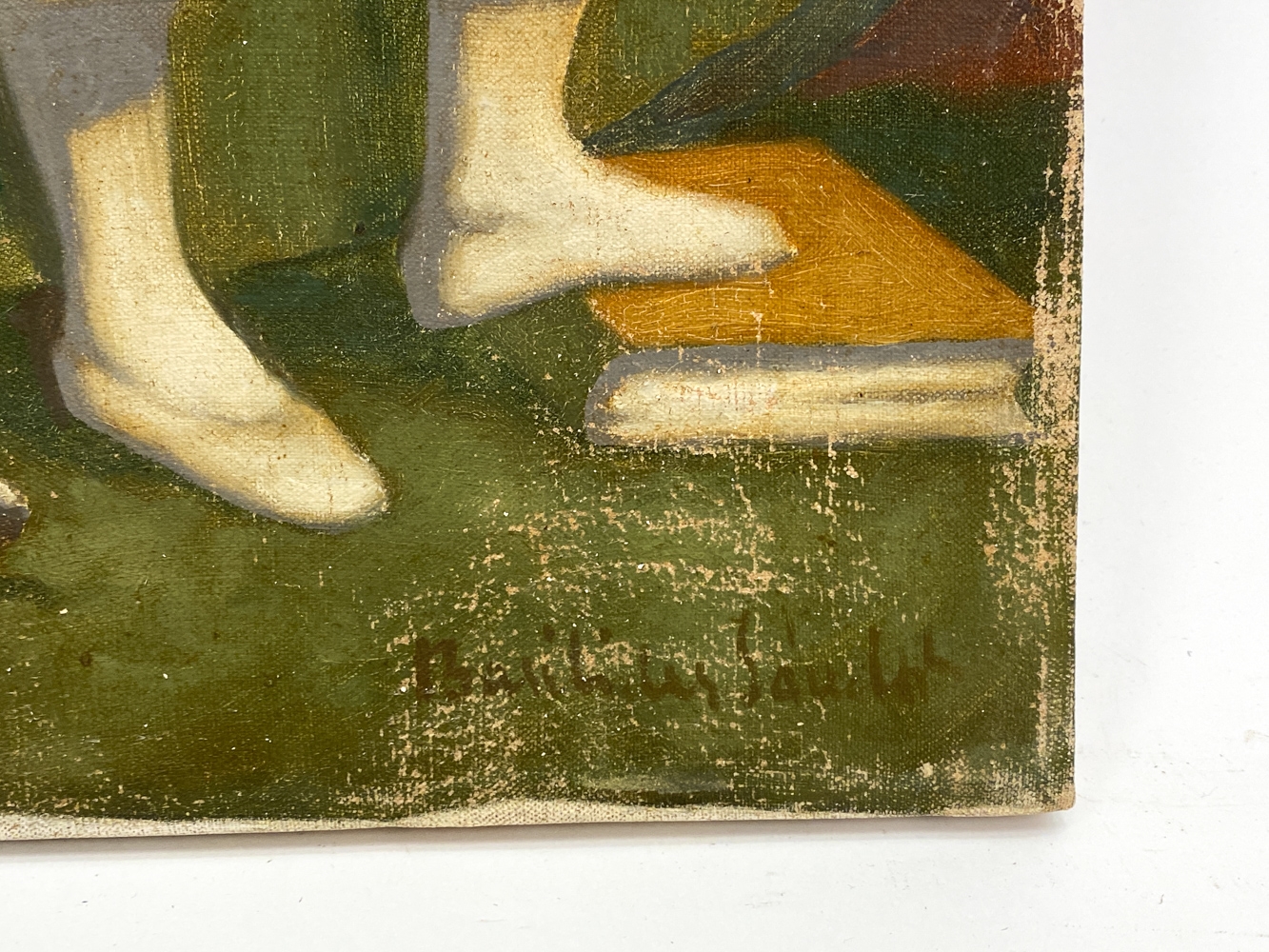 Artwork by Sándor Basilides, Untitled - 3 people with clown masks playing music in a circus setting, Made of Oil on canvas