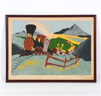 Whimsical scene with a smiling train on tracks - Donald Sutphind