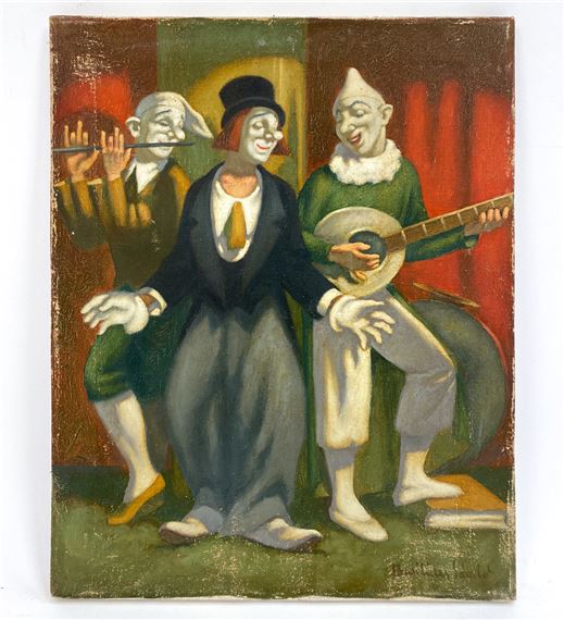 Untitled - 3 people with clown masks playing music in a circus setting - Sándor Basilides