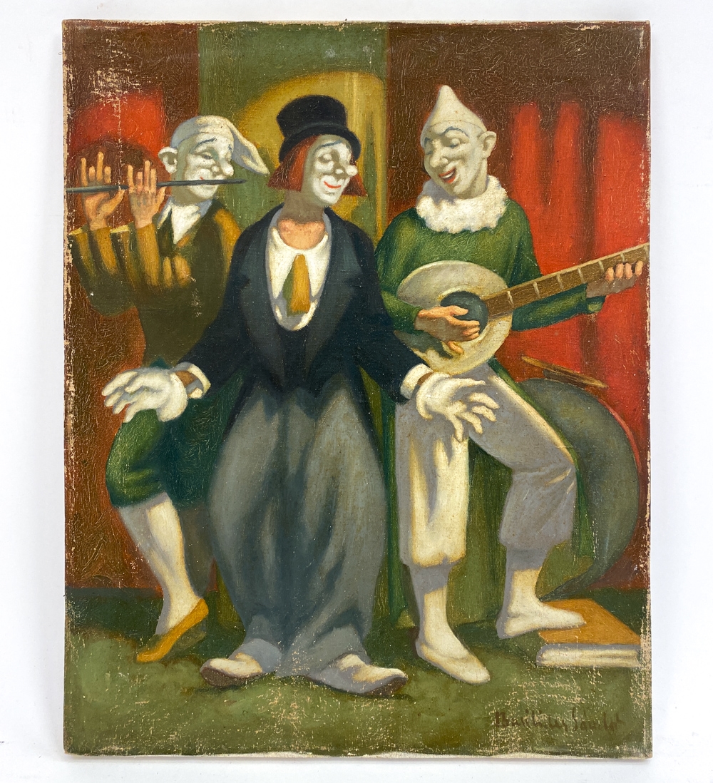 Artwork by Sándor Basilides, Untitled - 3 people with clown masks playing music in a circus setting, Made of Oil on canvas