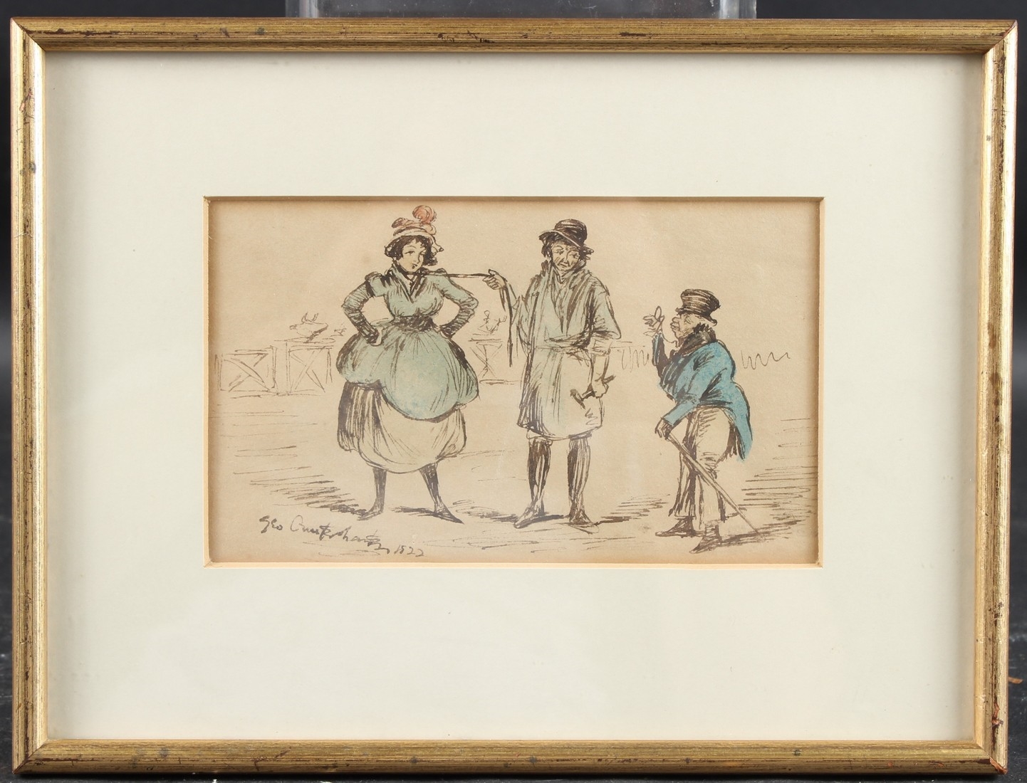 Artwork by George Cruikshank, Two gentlemen and a lady, Made of Ink And Wash
