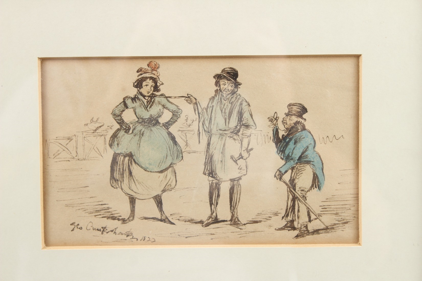 Artwork by George Cruikshank, Two gentlemen and a lady, Made of Ink And Wash