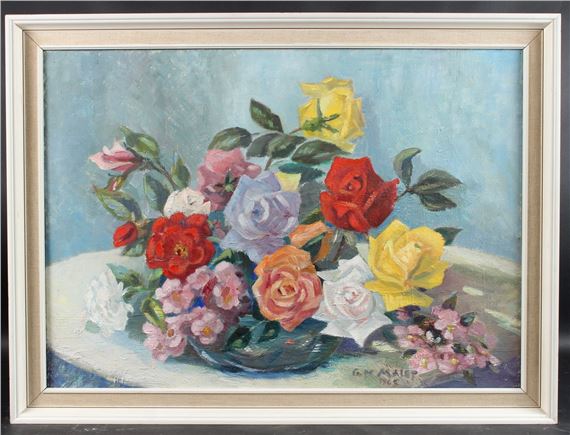 Bowl of roses and other flowers by Ginette de Malet Roquefort, 1965