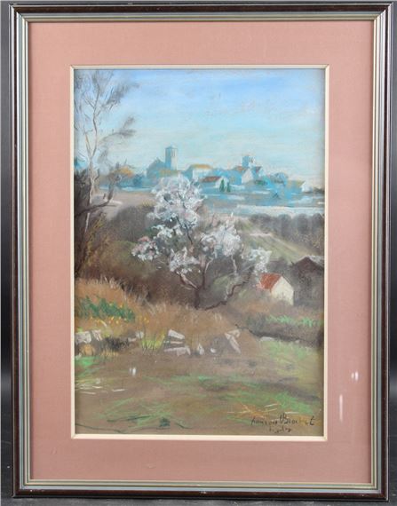 Hillside view of a tree in blossom and town beyond - Francois Brochet