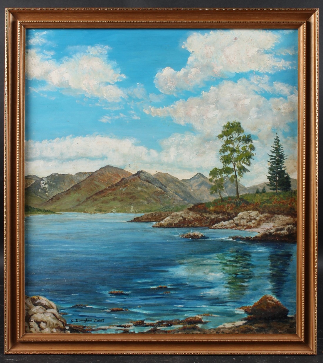 Artwork by C. Donoghue Stuart, Loch side view of mountains, Made of Oil On Board
