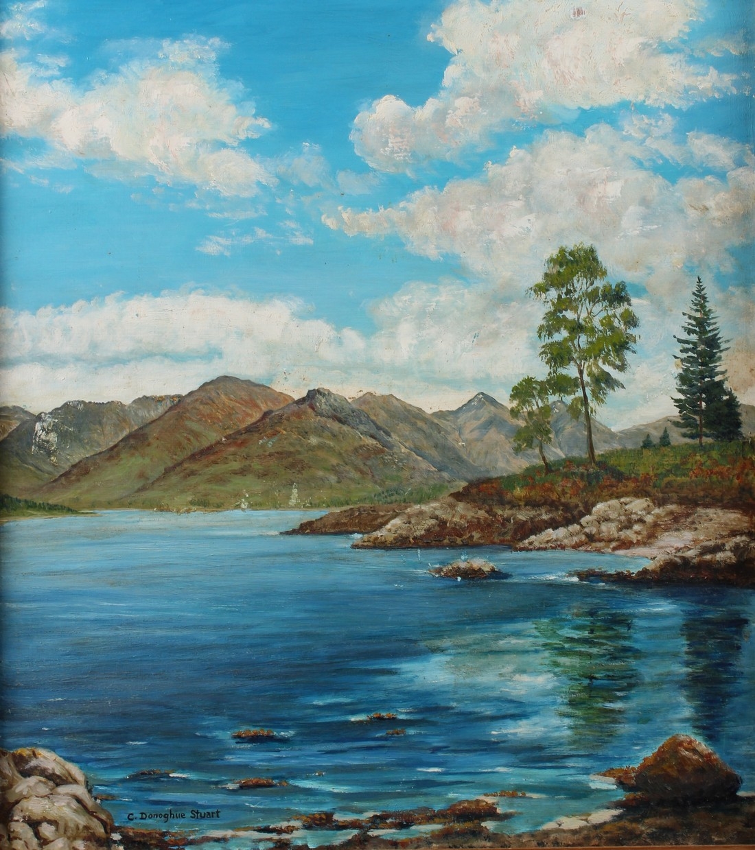 Artwork by C. Donoghue Stuart, Loch side view of mountains, Made of Oil On Board
