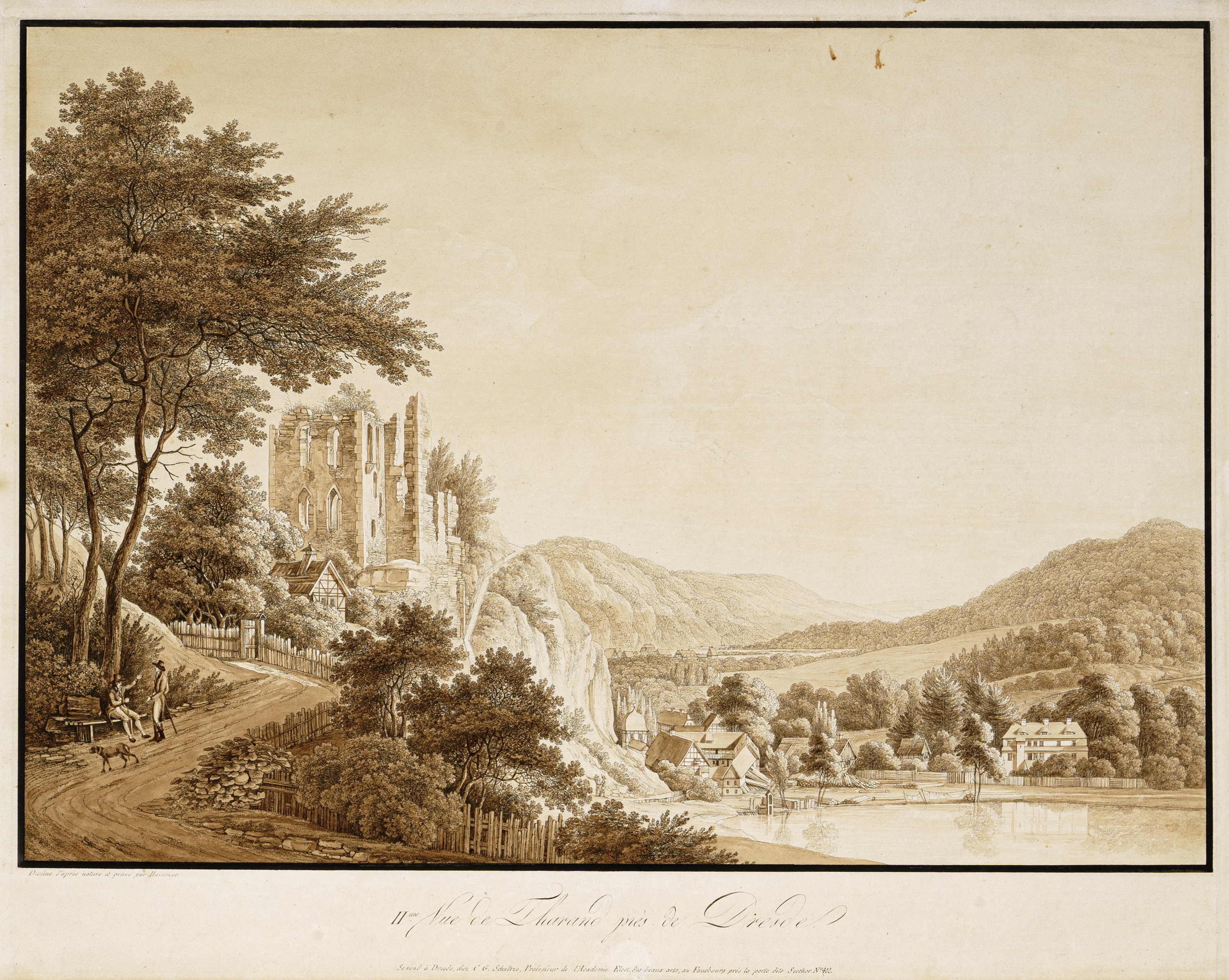 Artwork by Christian Gottlob Hammer, Vue de Tharand près de Dresde, Made of Etching, In Sepiatönen Koloriert Auf "Whatman"-Bütten