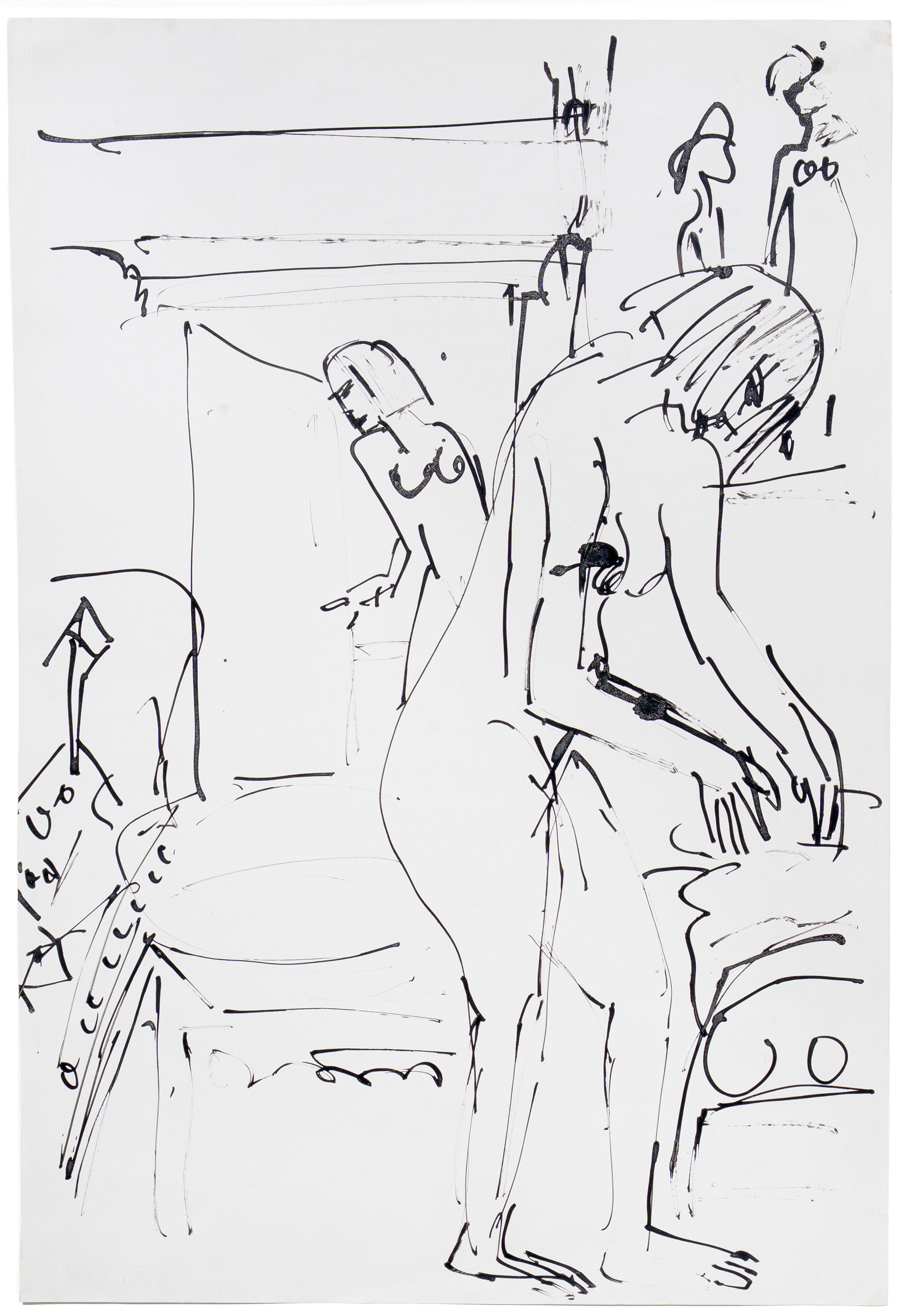 Artwork by Ernst Ludwig Kirchner, Interieur mit weiblichen Akten, Made of Rohrfederzeichnung In Tusche Auf Kräftigem, Weißem, Satiniertem Papier