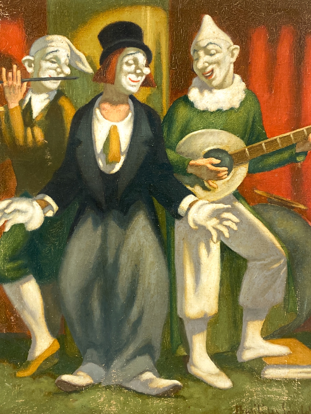 Artwork by Sándor Basilides, Untitled - 3 people with clown masks playing music in a circus setting, Made of Oil on canvas
