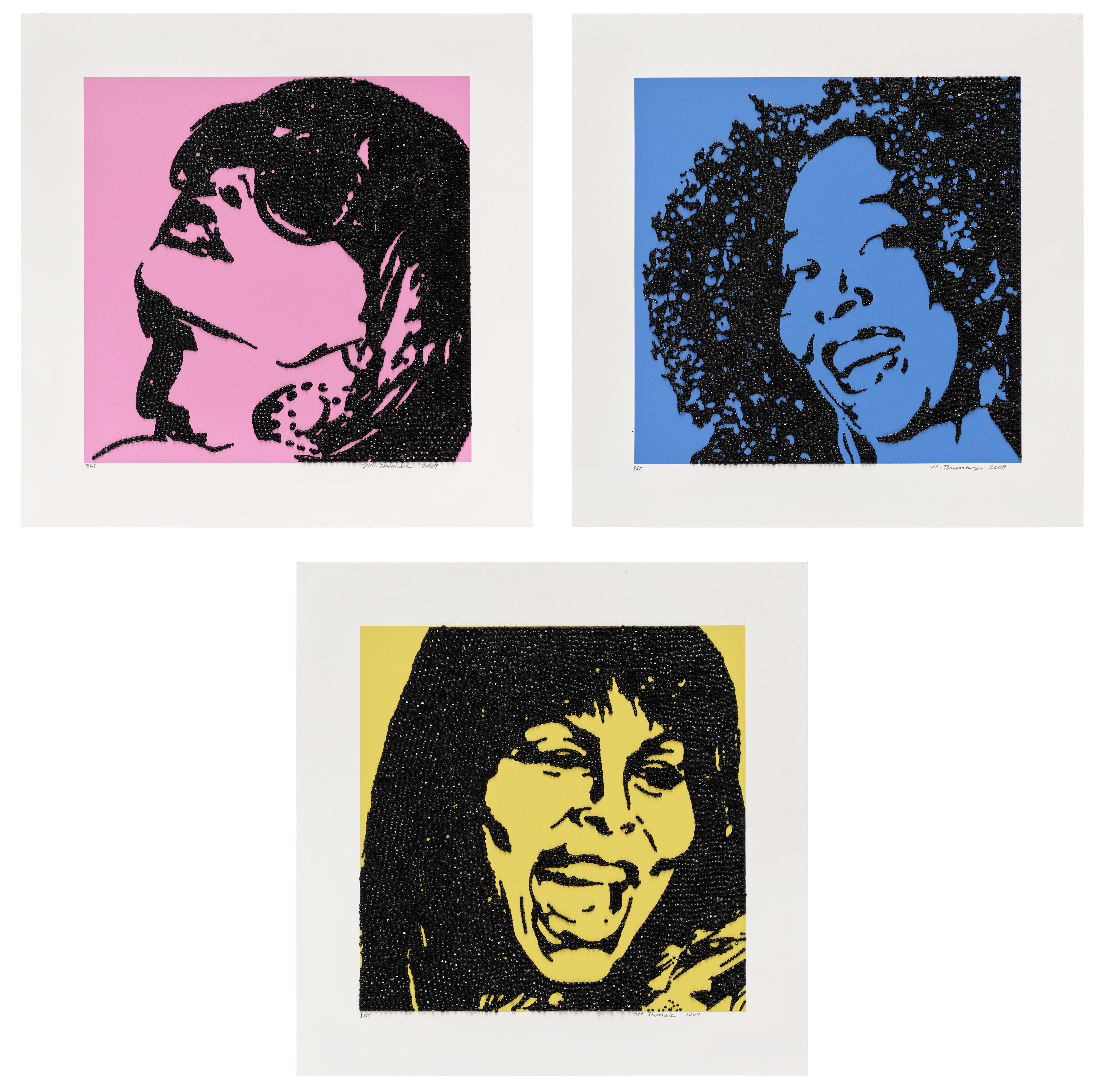 Artwork by Mickalene Thomas, Trois Divas (AEIOU and sometimes Y, Made of three screenprints in colors