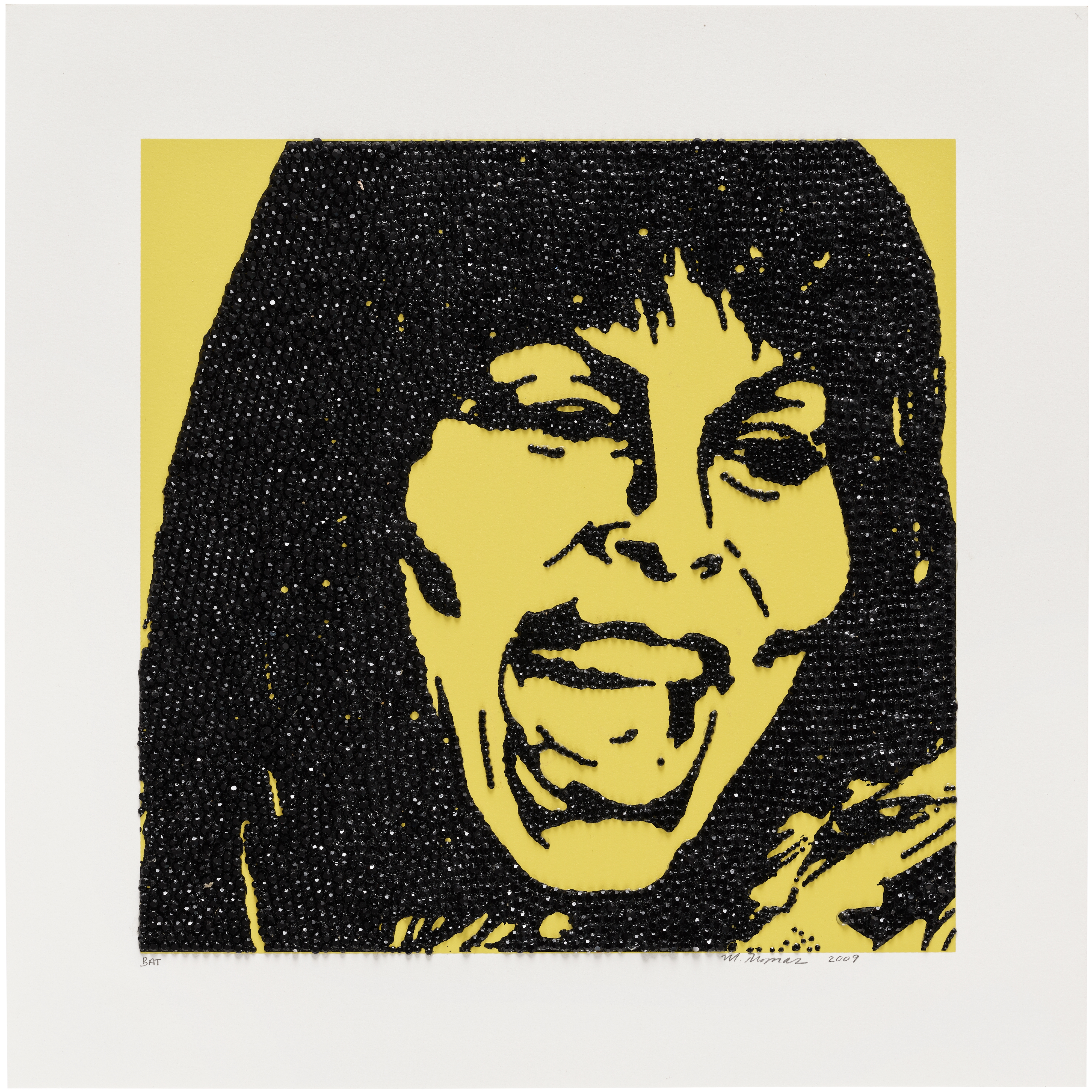 Artwork by Mickalene Thomas, Trois Divas (AEIOU and sometimes Y, Made of three screenprints in colors