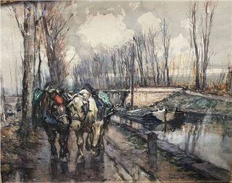 Horses and boat on a river - Ferdinand-Jean Luigini