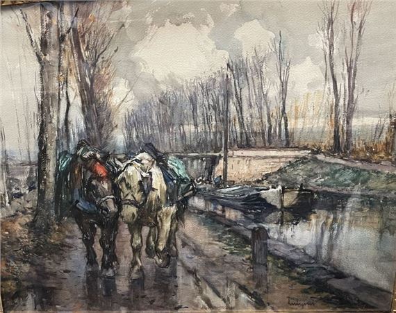 Horses and boat on a river - Ferdinand-Jean Luigini