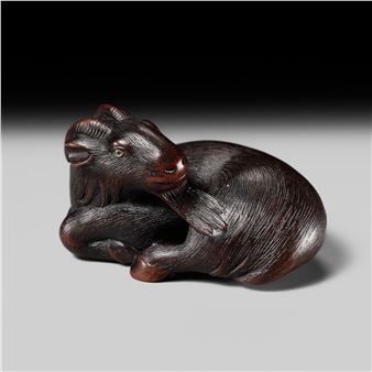 A Superb Wood Netsuke of a Recumbent Goat - Yukikazu Ito