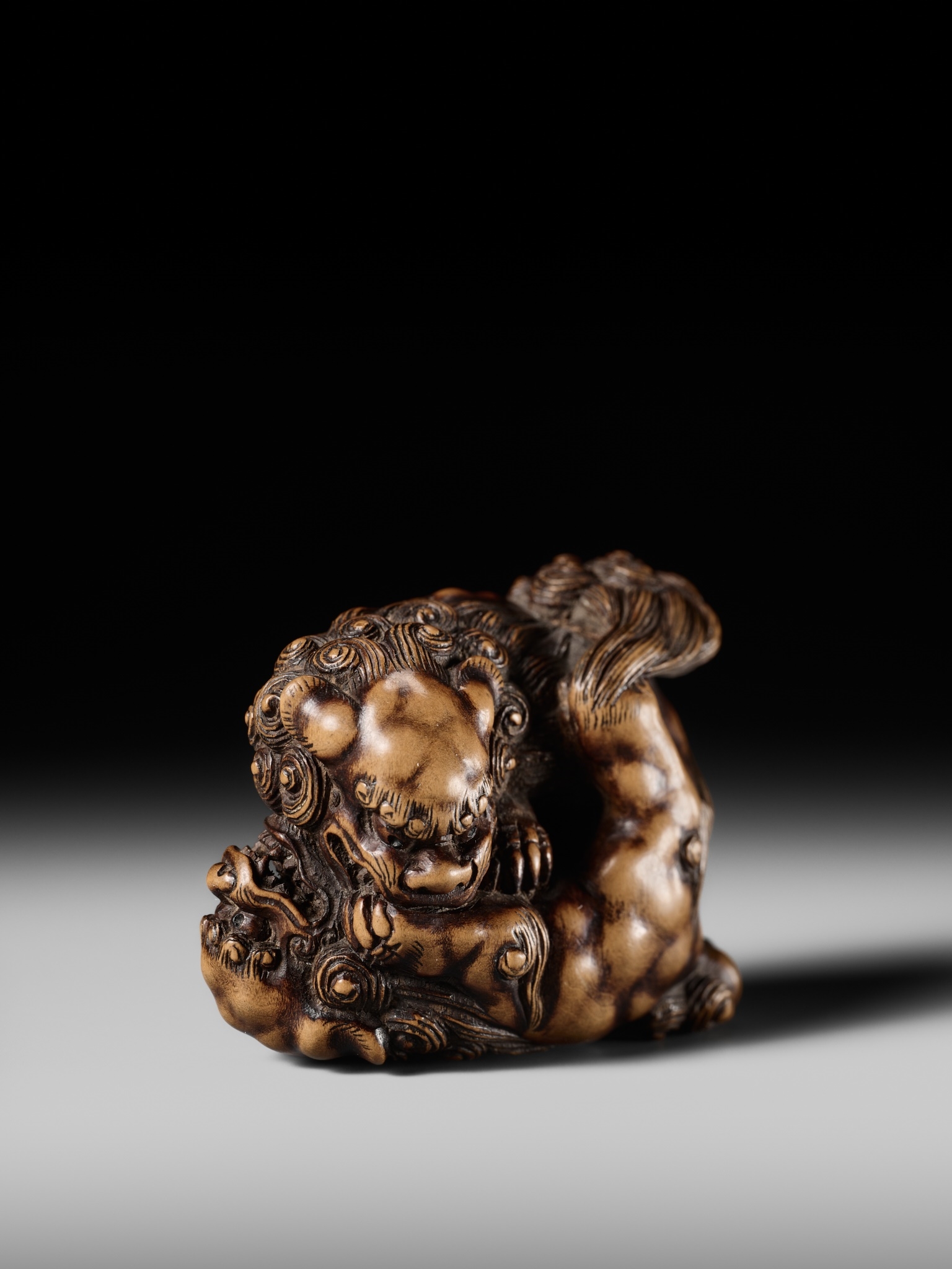 Artwork by Tomoyuki Tanaka, A LARGE AND POWERFUL WOOD NETSUKE OF TWO SHISHI, Made of Wood